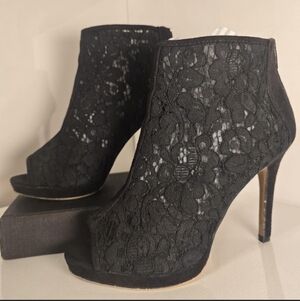 Chic Black Lace Peep-Toe Heeled Boots